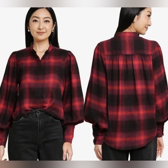 NWT Banana Republic Plaid Flannel Button Down Shirt Bishop Sleeves‎ Sz M - Picture 4 of 14